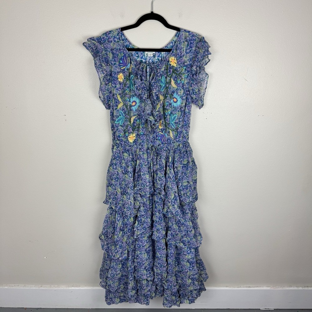 Sundance Catalog  Blue Tiered Floral Eden Embroidered Dress Size M $298 Boho
